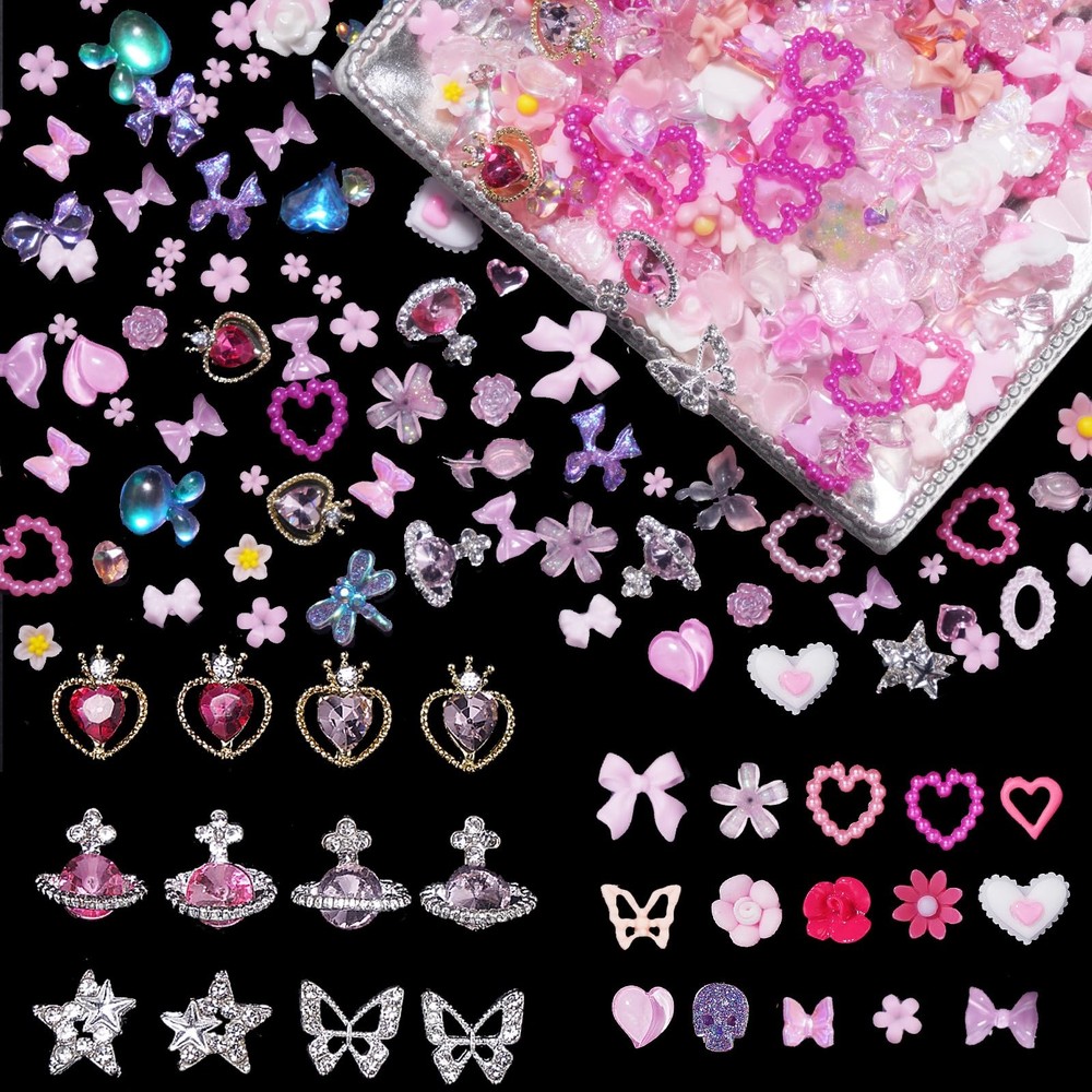 3D Pink Colors Assorted Bows Flowers Pearls Nail Charms Nail Art