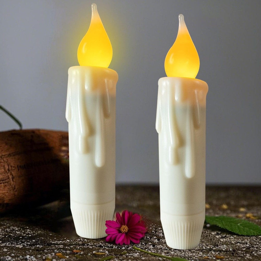 .Short Taper Candles Battery Operated Flickering Flame Wax Flameless Taper Ca...