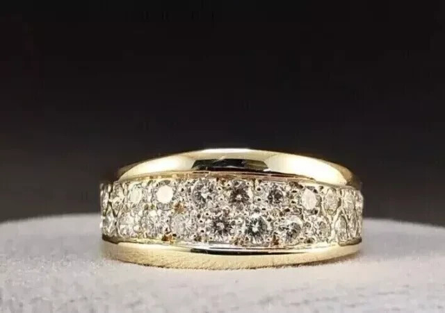 2.30Ct Round-Cut Real Moissanite Cluster Wedding Ring 14K Yellow Gold Plated