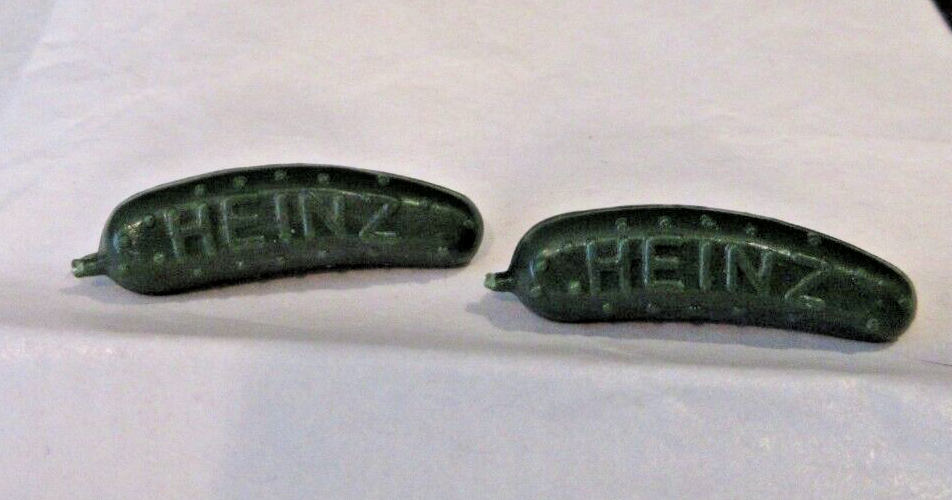 VINTAGE Set of 2 Heinz Green Pickle Lapel Pins w/ Safety Pin Backs - 1970s
