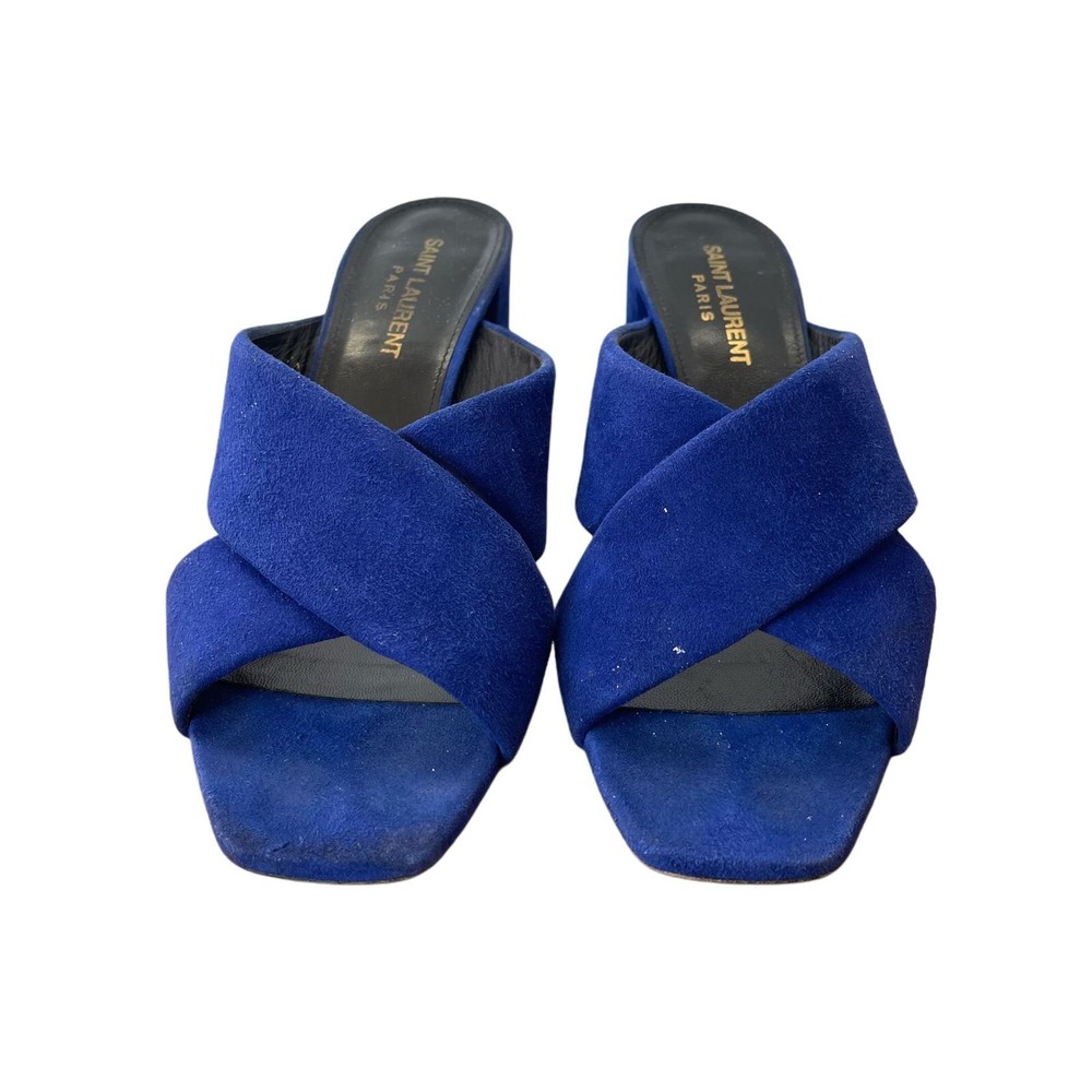 Saint Laurent Blue Crisscross Lou Lou Block Heel Mules