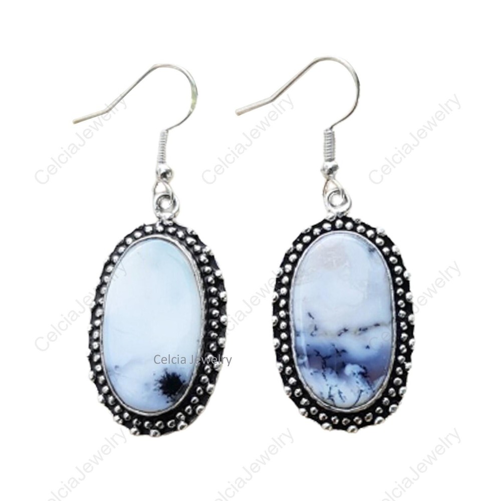 Christmas Sale Dendritic Opal Stone Drop Bezel Wife Earrings Jewelry 925 Silver-image