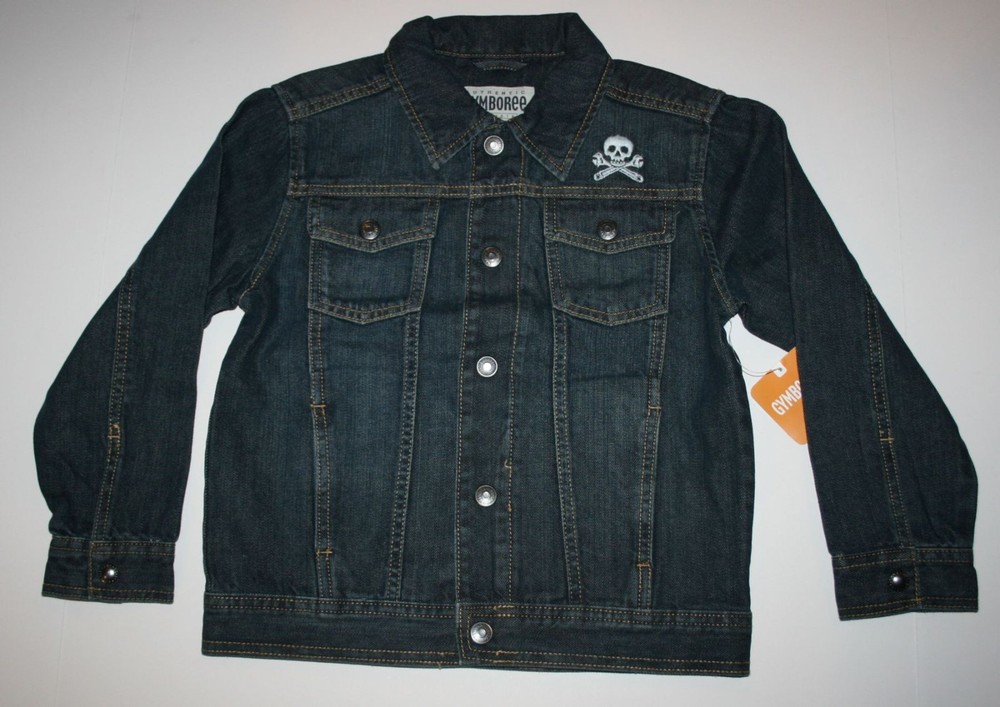 New Gymboree Boys Denim Skull Crossbones Jean Jacket 4 5 6 year Good Sport NW-image
