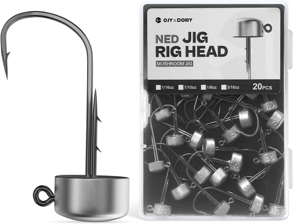 Ned Rig Jig Heads 20-Pack 1/16oz Finesse Mushroom Hooks for Bass Fishing