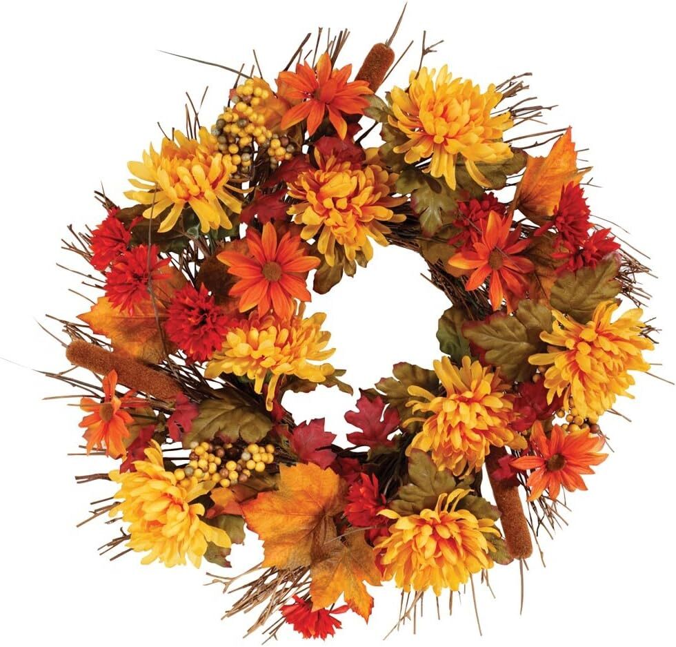 18-Inch Silk Fall Mum Wreath for Indoor and Outdoor Autumn Decor