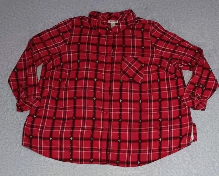 Catherines Long Sleeve Flannel Button Up Womens SiE 2X 22/24W Red Plaid With...