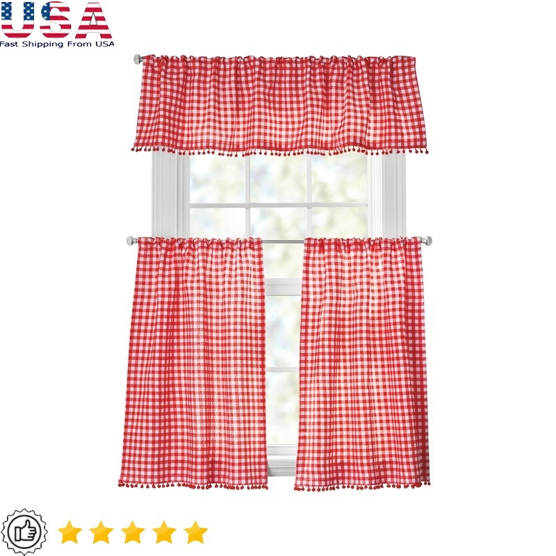 Gingham Curtain Set Valance Tiers Pom-Pom Light Filtering Rod Pocket 3-Piece Red