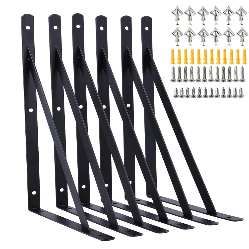 12x8 Inch Heavy Duty Shelf Brackets 6-Pack 90-Degree Triangle Wall Mount Metal Supports