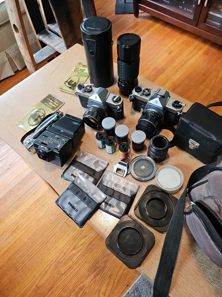Pentax Camera Lot  W Ambico Filters Film Handle Lens Flash Sigma Zoom And Bag