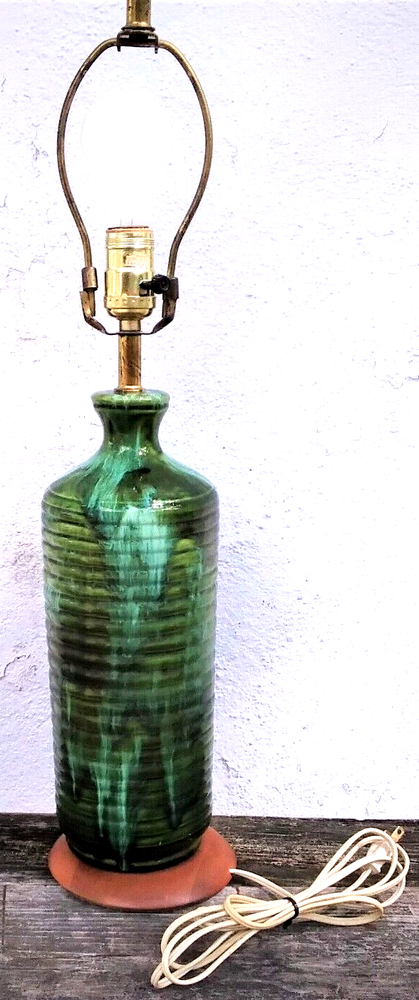 Green and Turquoise Blended Drip Glaze and Wood Base 24 inch Table Lamp