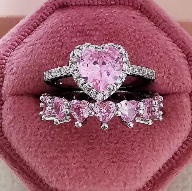 2.40Ct Heart Cut Simulated Pink Sapphire Bridal Ring Set 14K White Gold Plated