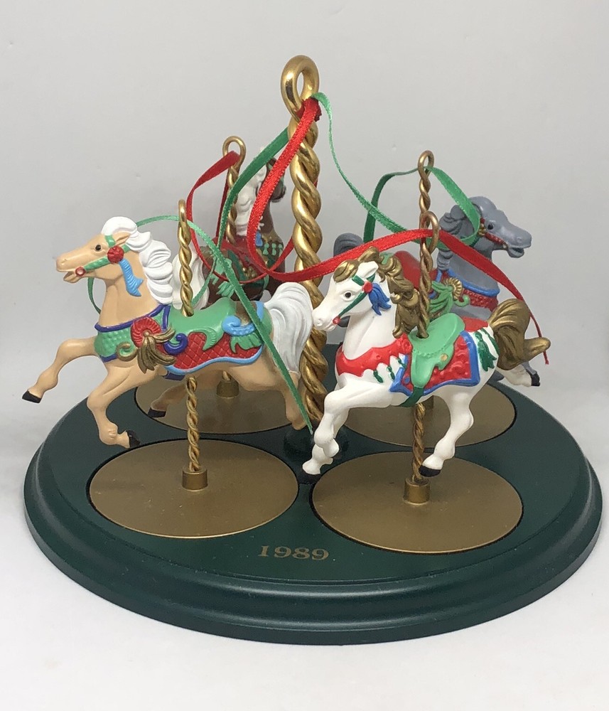 1989 Hallmark Keepsake Ornament Carousel With 4 Horses And Display Stand
