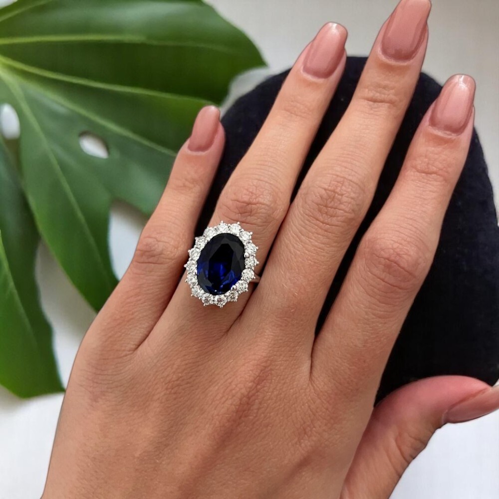 Oval Cut 8.30 Ct Natural Diamond Wedding Ring Blue Sapphire 14K Gold Lab Grown
