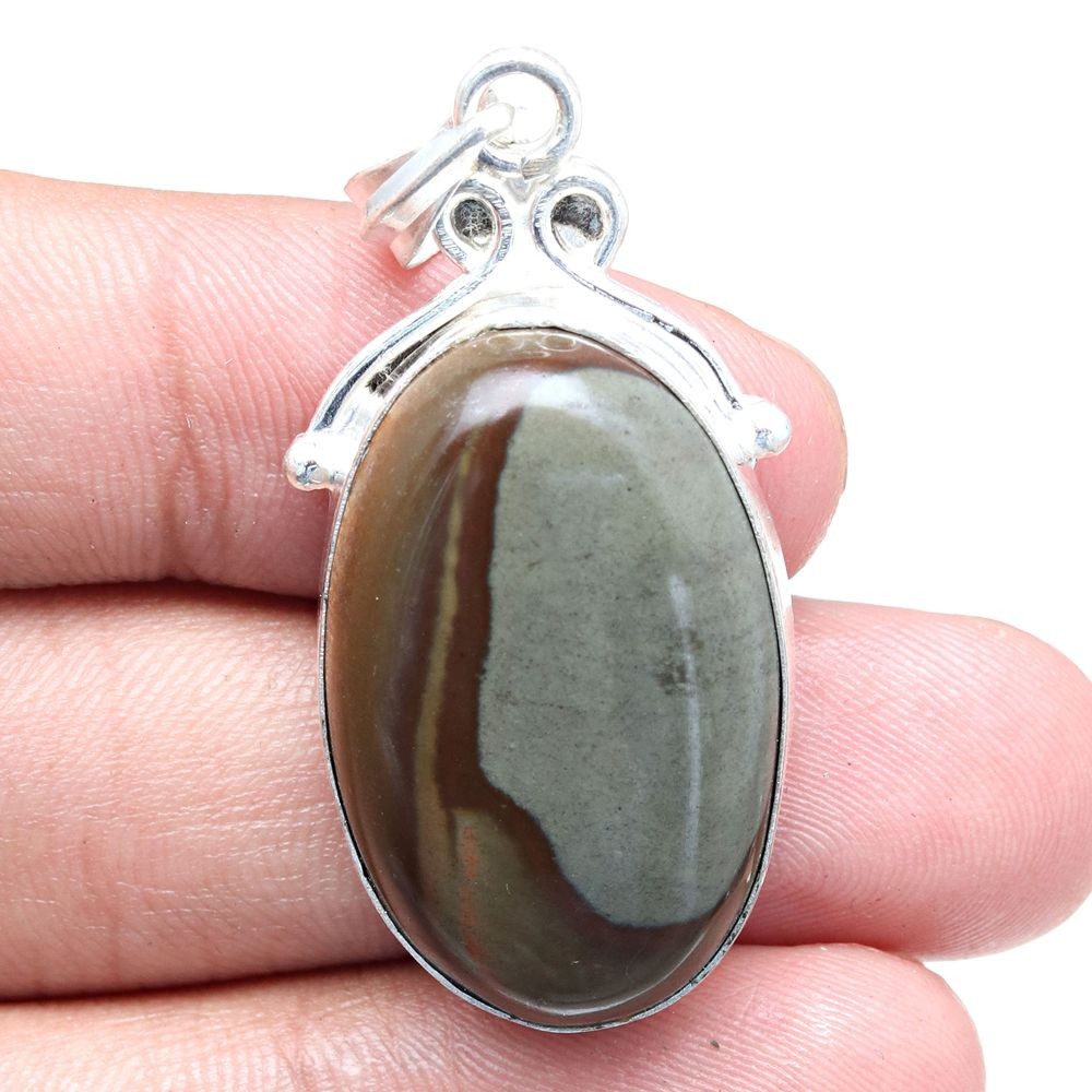 Polygram Jasper Gemstone Pendant Necklace for Mother's Day in Sterling Silver 1.75 Inch