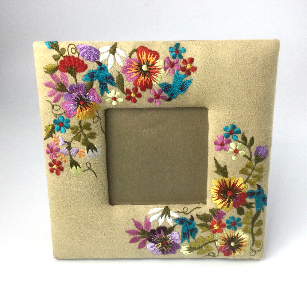 Pier 1 Square Photo Frame Embroidered Velvet Fabric Flowers Birds 7.5