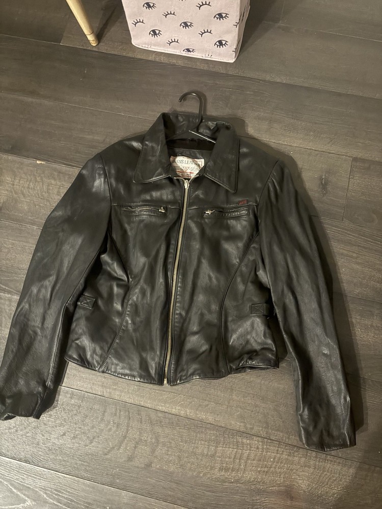 Guess Men's Vintage Y2K Black Leather Bomber Jacket in Size L