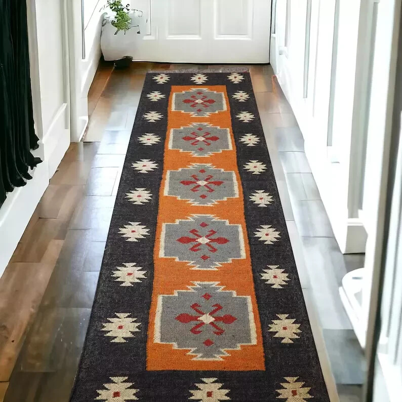 Wool Jute Vintage Kilim Rug Moroccan navajo runner tribal southwestern kilim rug