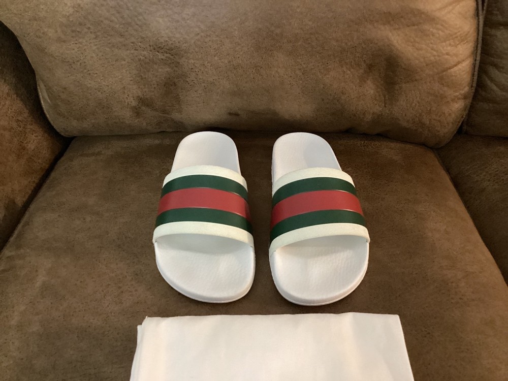 Gucci Web Stripe White Rubber Pool Slides Men US 7 EU 40 Pre-Owned