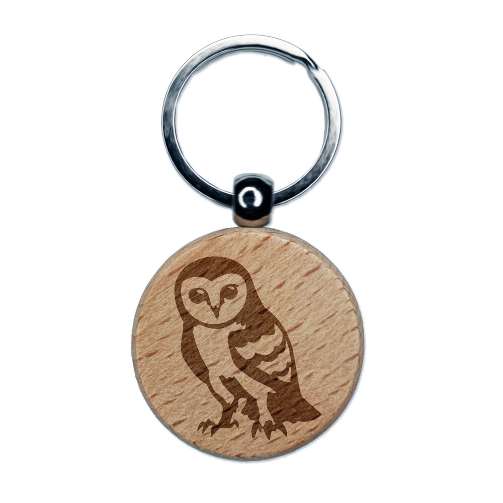 Inquisitive Barn Owl Engraved Wood Round Keychain Tag Charm