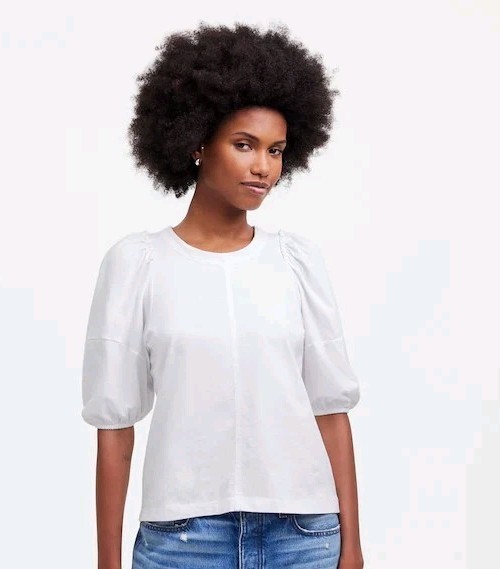MADEWELL Puff-Sleeve Tee Small White Crew Short Sleeve Top Relaxed NWT B48
