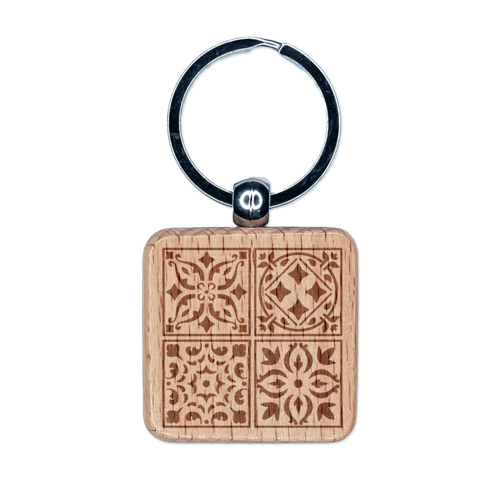 Mediterranean floral mosaic engraved wood square keychain