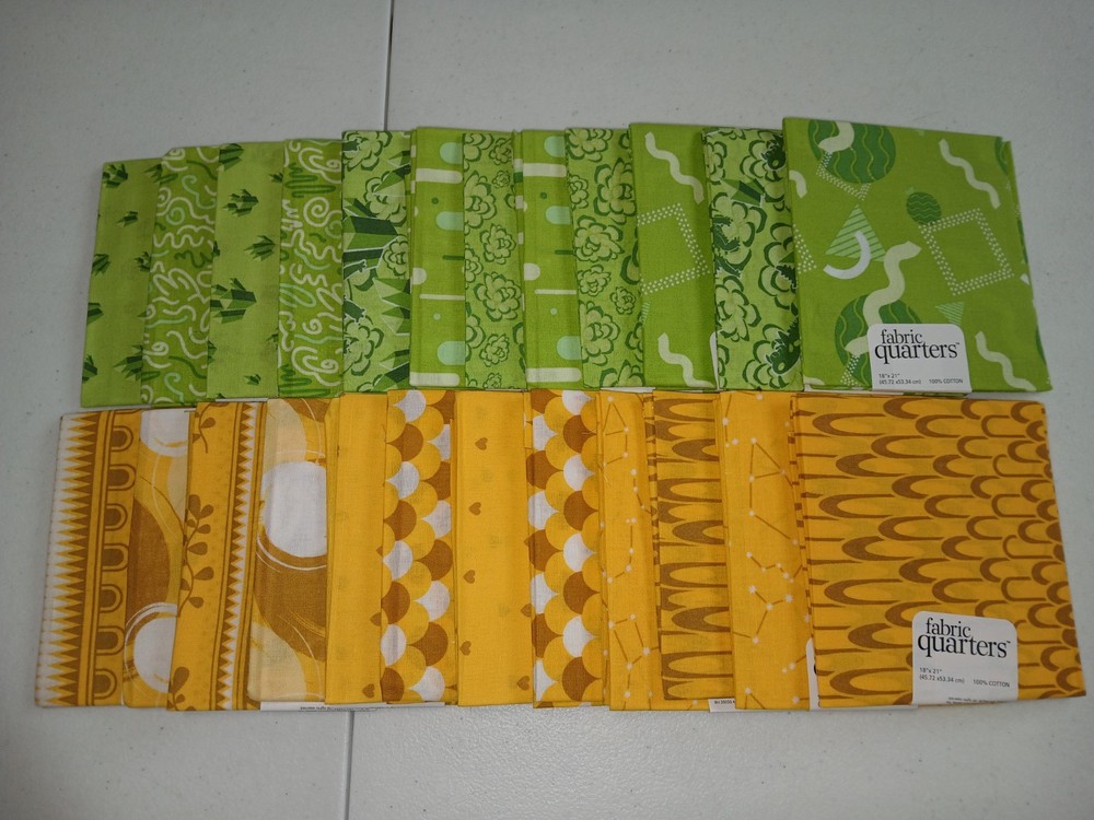 Lot of 24 Fat Quarters, Grn & Yel, 12 different prints/ 2 of each. Cotton