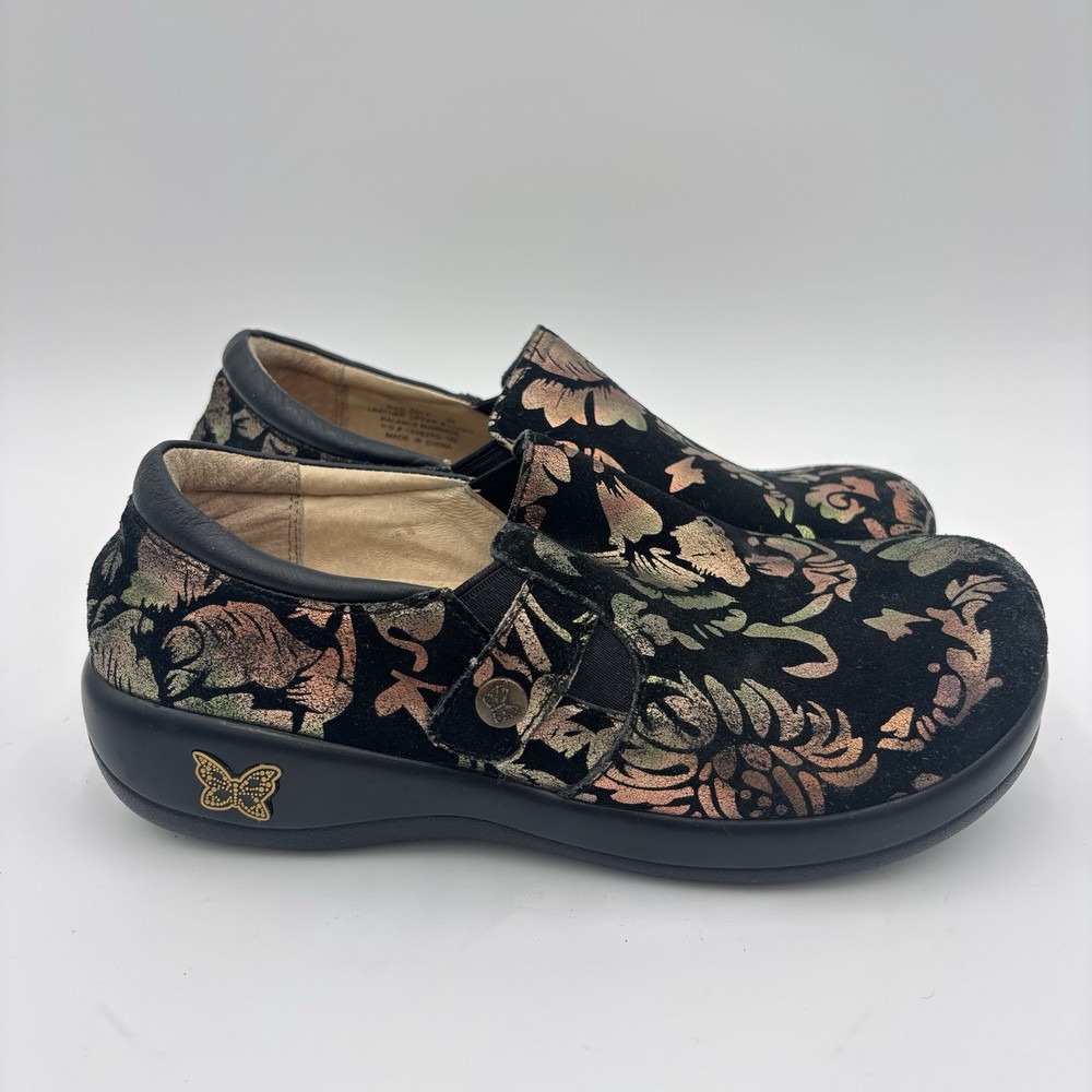 Alegria Clogs Womens 36 6-6.5 Black Floral Embossed Soft Leather Comfort Shoes