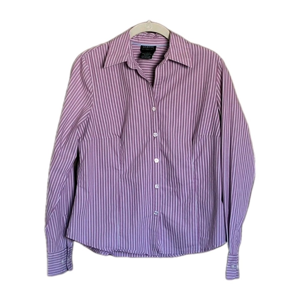 George Women M (8-10) Stretch Fitted Button Up Shirt Purple Stripe Long Sleeve