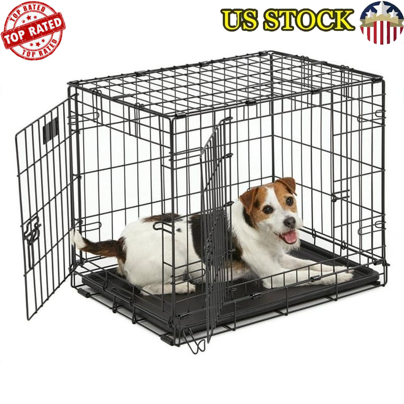 Double Door Foldable Metal Dog Crate with Leak-Proof Pan & Divider Panel-image