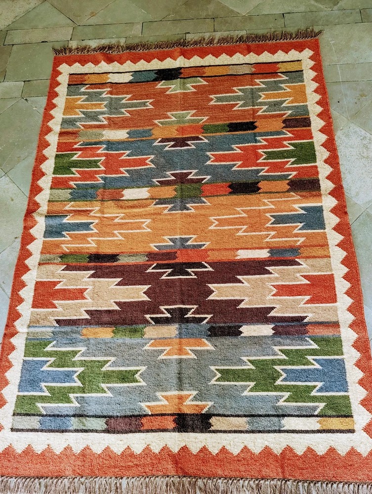Handmade Wool Jute Rug, Antique Look Carpet, Natural Floor Decor, Bohemian Area