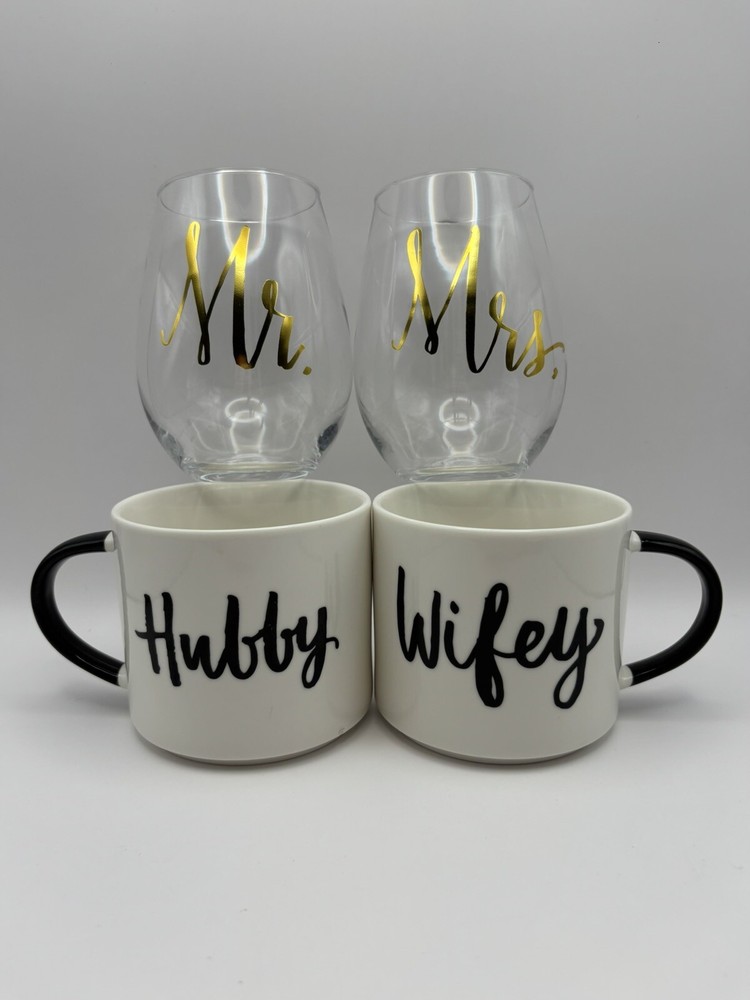Mr & Mrs Stemless Wine Glasses & Husband & Wife Coffee Cups, Set of two, Wedding