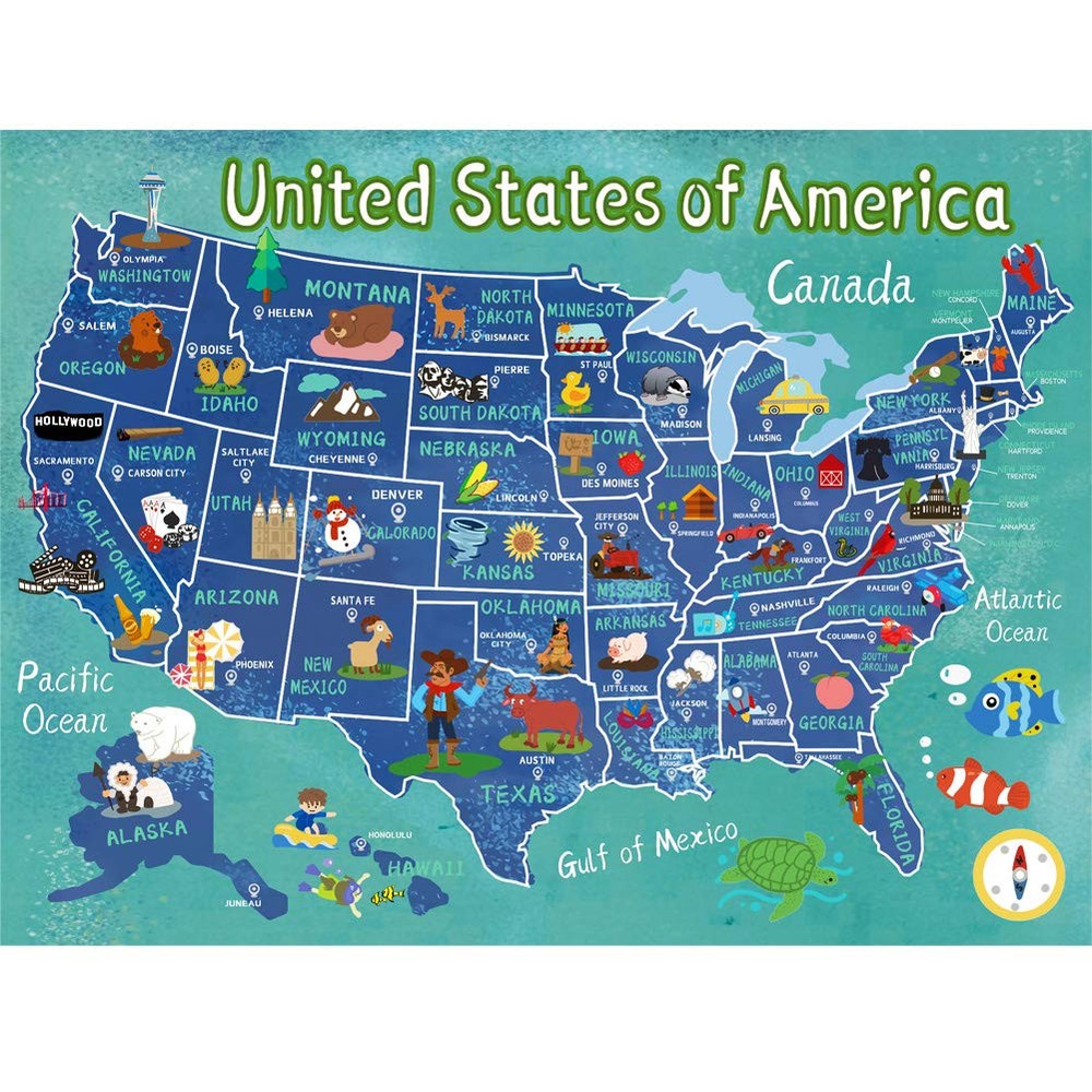 Wooden United States Map Puzzle for Ages 4-8 Learning USA Map 60 Pieces Unite...