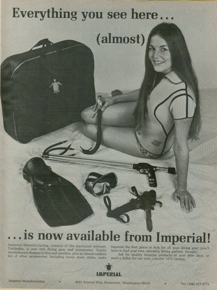 1972 Imperial Turtleskin Wetsuit Diving Gear Fins Snorkels Masks Spear Print Ad