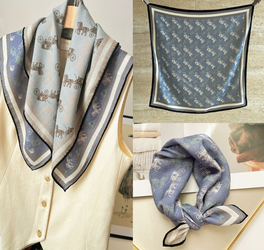 70% Cashmere 30% Silk Double Face Blue Pony Print Scarf 65x65cm