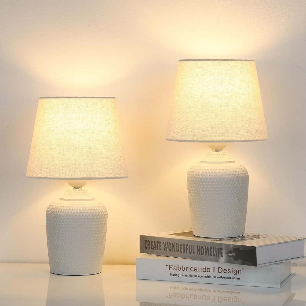Compact Beige & White Table Lamps Set of 2 for Bedside Nightstands