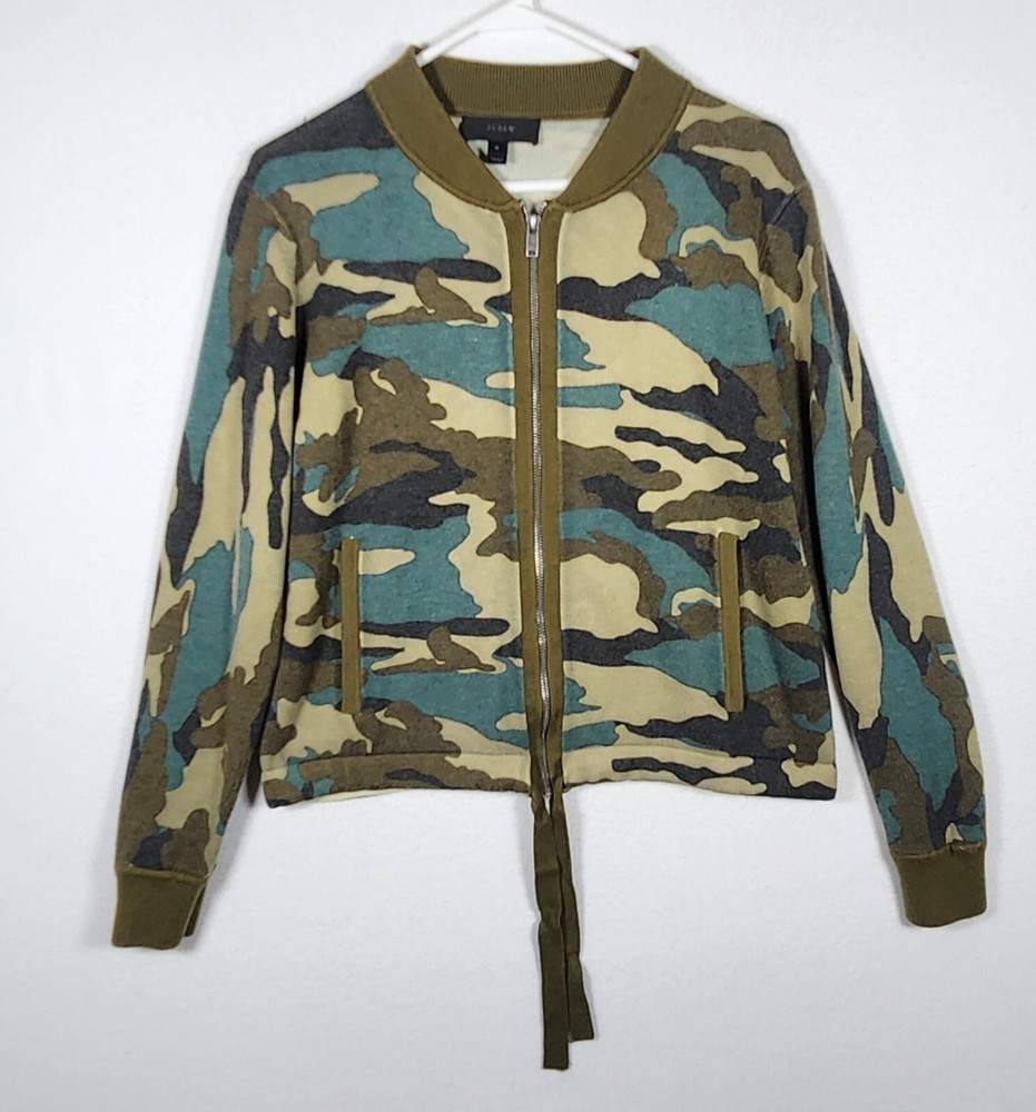 J Crew Wool Blend Sweater Womens M Green Camo Full Zip Waist Ties Pockets