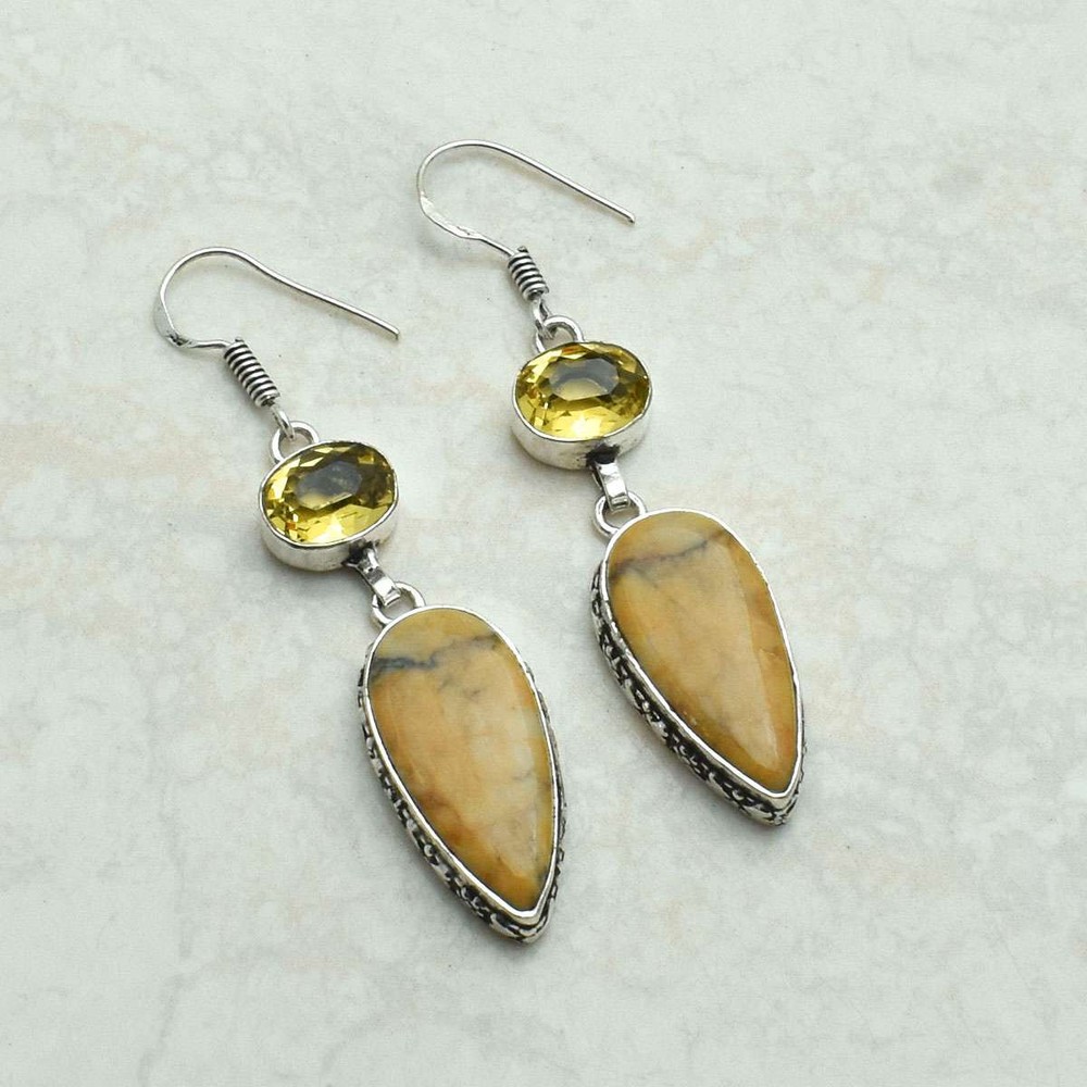 Dendrite Opal Citrine Gemstone Drop Dangle Earrings Jewelry Gift 2.24
