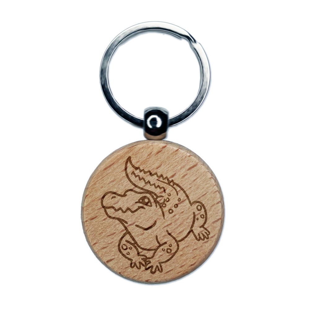 Crocodile Alligator Cute Engraved Wood Round Keychain Tag Charm