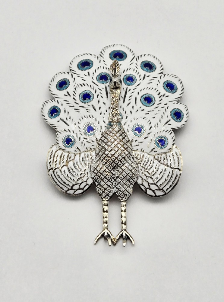 VTG Sterling Silver Articulated Peacock Brooch with Siam White Turquoise Enamel