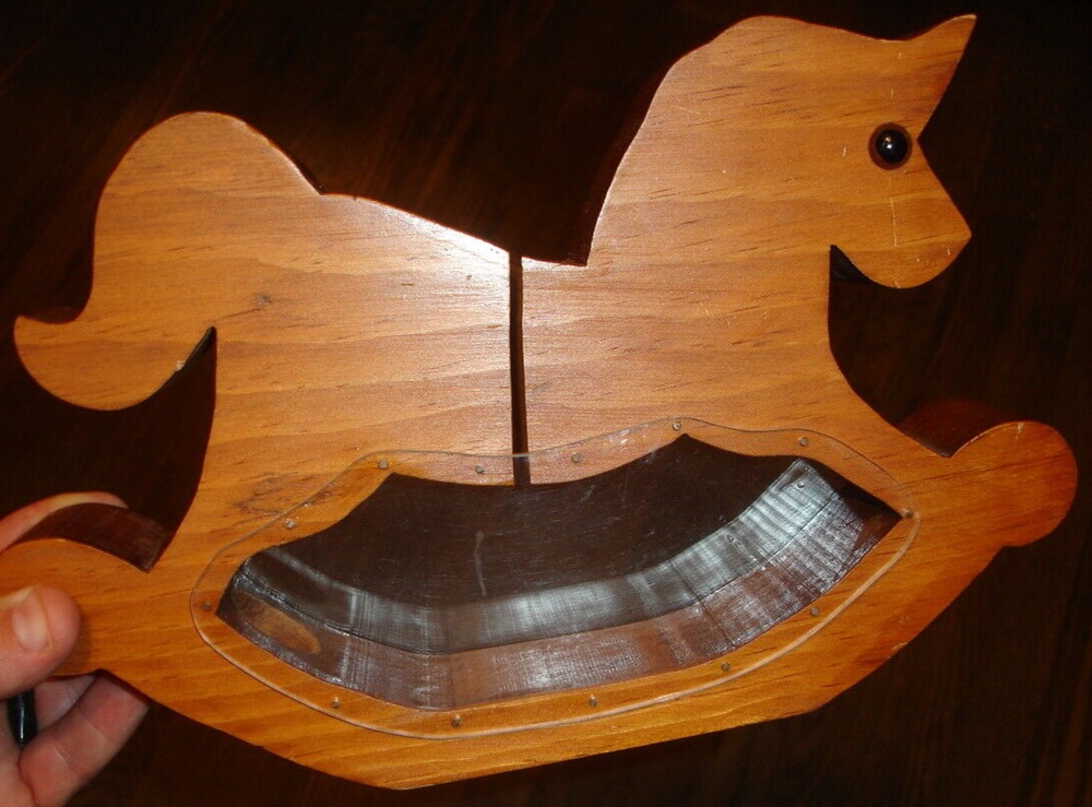 wood TOY HORSE coin piggy bank neat vintage handmade  w plexiglass window sides