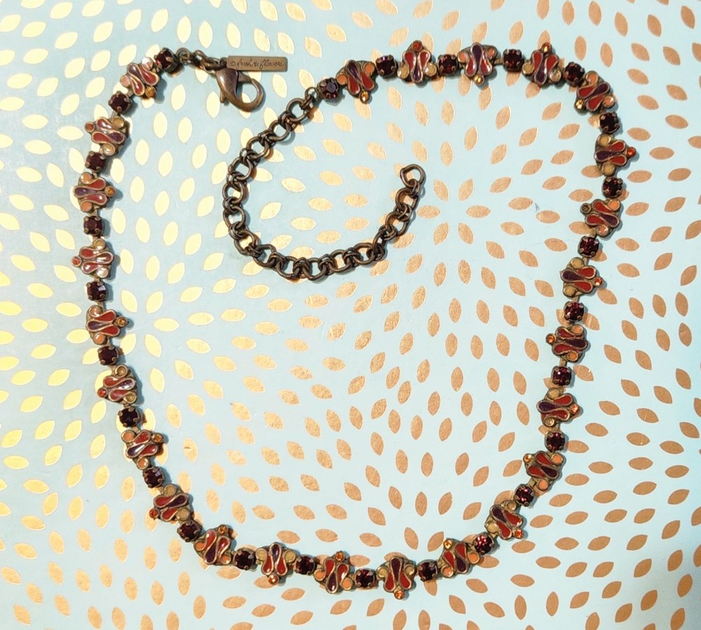 VTG Fresh Flowers By Sorrelli Garnet Crystals & Enamel Bronze Tone Necklace