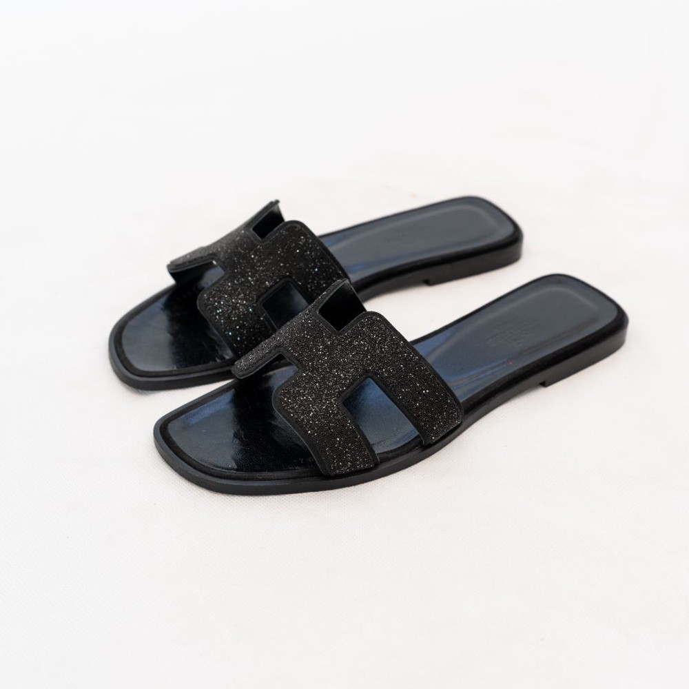 Hermès Black Crystal Embellished Oran Sandals Size 37.5