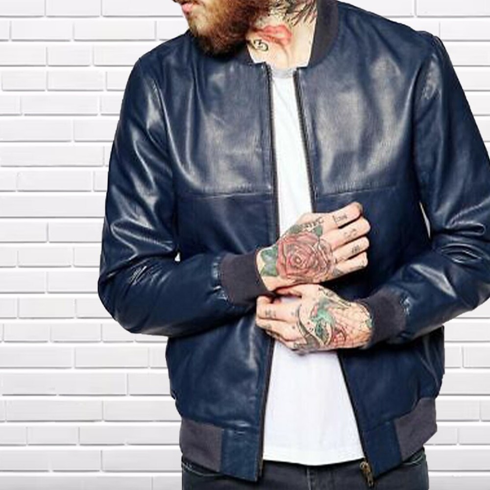 New Men's Genuine Blue Lambskin Bomber Leather Jacket Motorcycle Biker Jacket