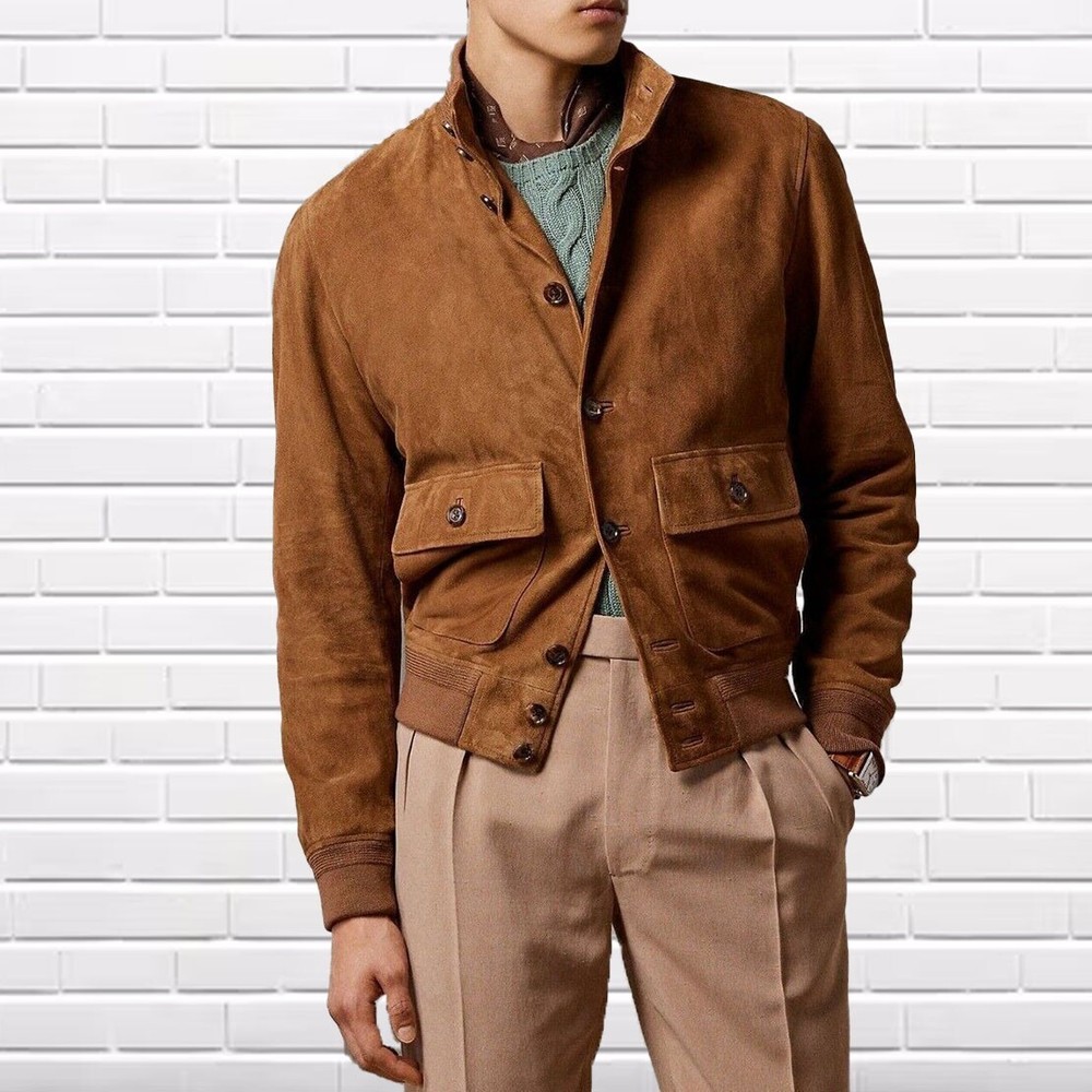 Classic Tan Suede Bomber Jacket for Men - Luxury Sheepskin Biker Coat