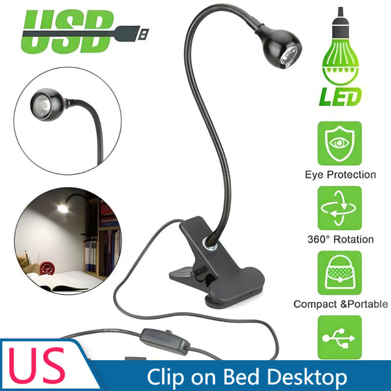 USB Reading Light Flexible LED Light Laptop Clip on Bed Desktop USA Black