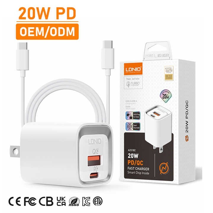 20W PD/QC Fast Charger with USB-C & USB-A Ports,Smart chip,Turbo Power,