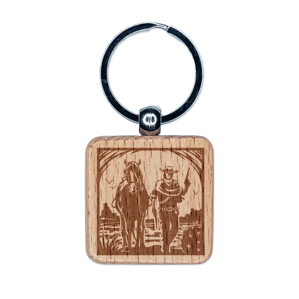 Cowboy with Guns and Horse Engraved Wood Square Keychain Tag Charm