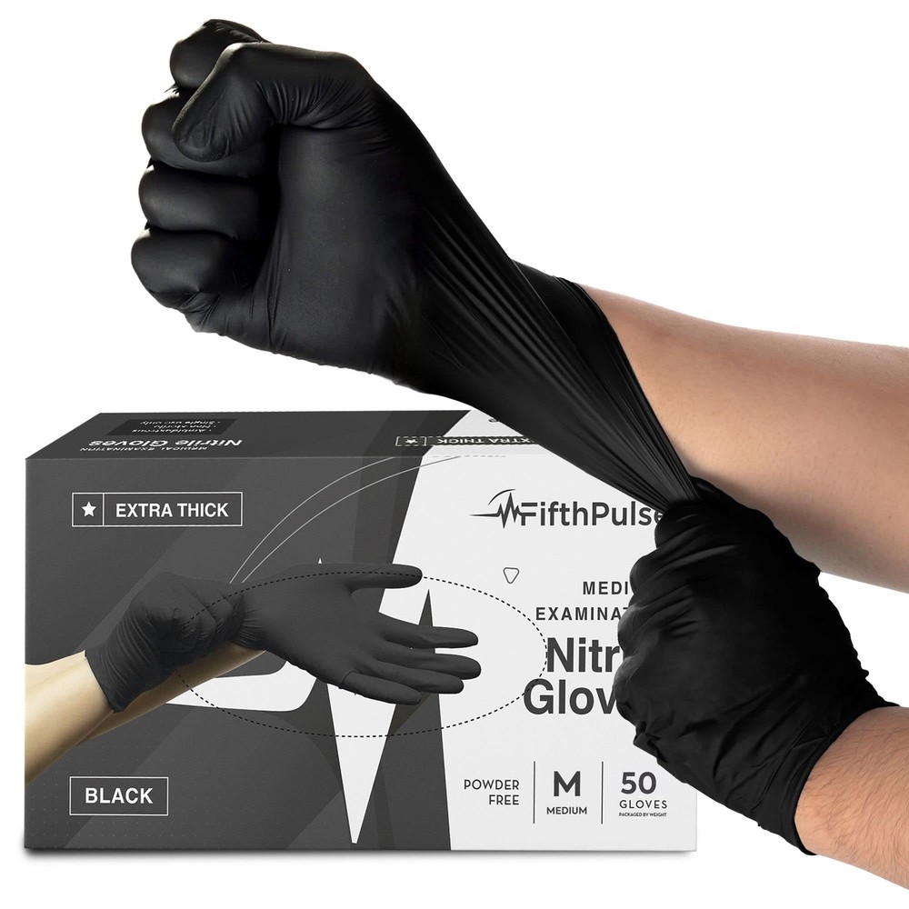 Disposable Black Nitrile Gloves Medium 50 Count - Extra Thick 4.5 Mil - Powde...