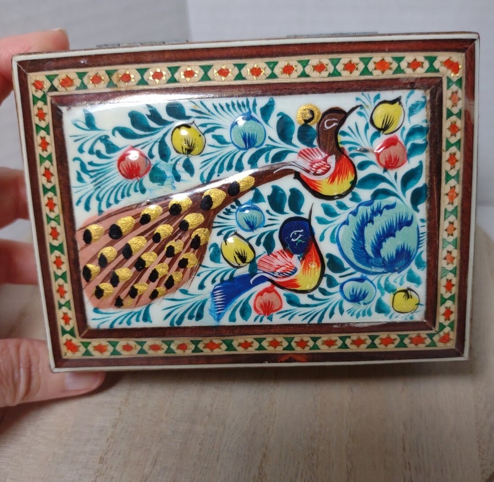 Vintage Trinket Box Persian Handmade Wood Lacquer  Suade Inside Peacock Birds