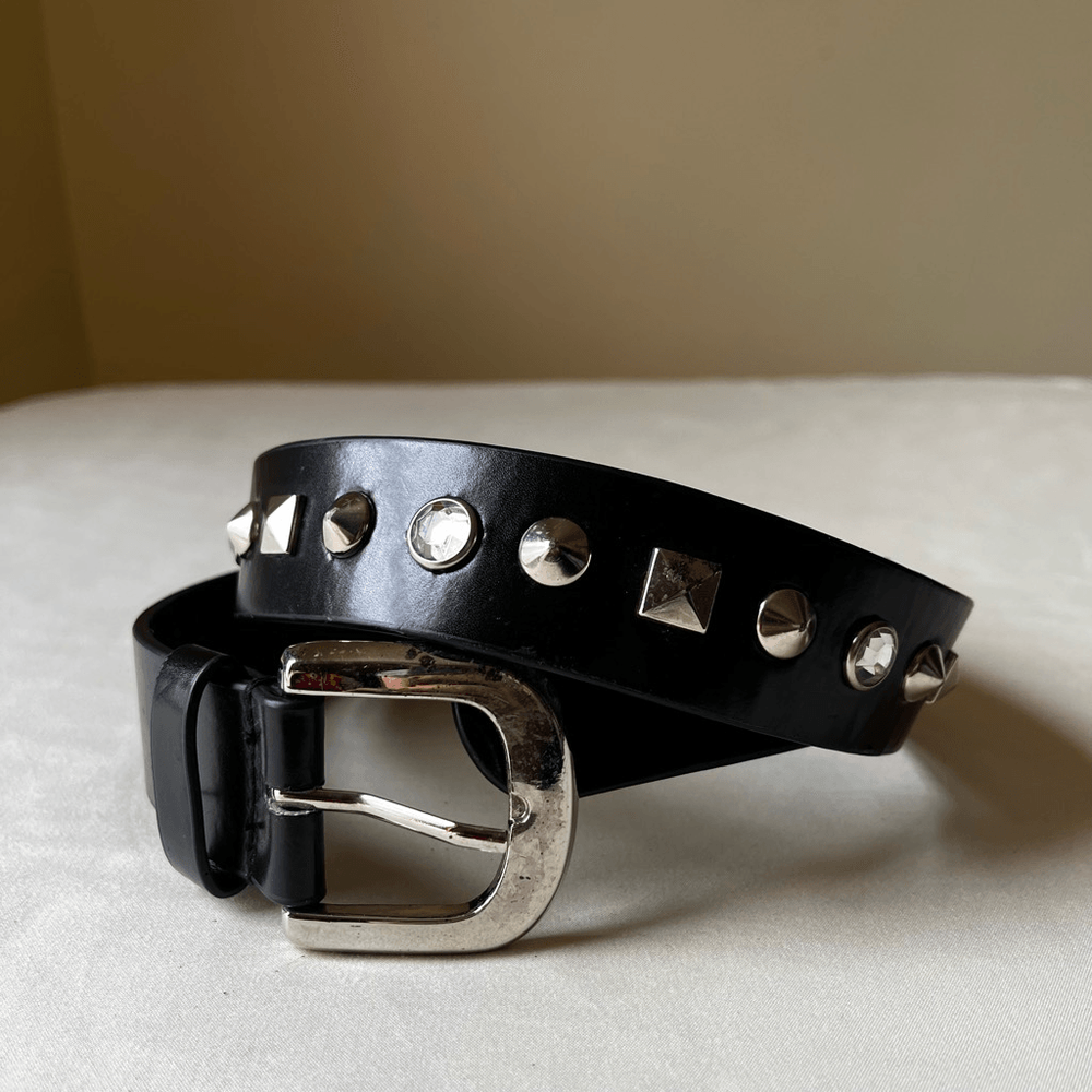 Vintage Studded Rhinestone Belt Vegan Leather Black Silver Indie Grunge 32